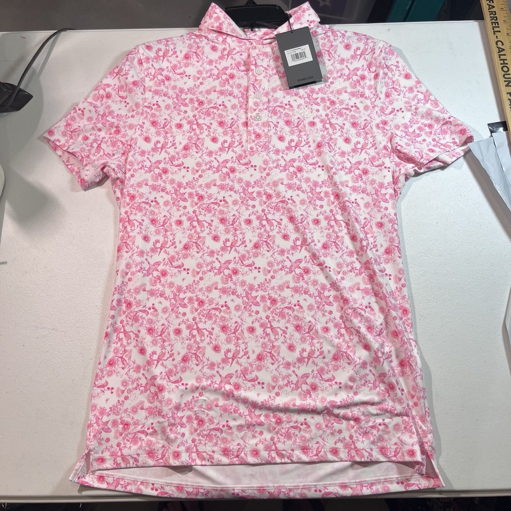 NWT G/Fore Mens Small Golf Polo Shirt Color Pattern Trif Pink Floral Birds